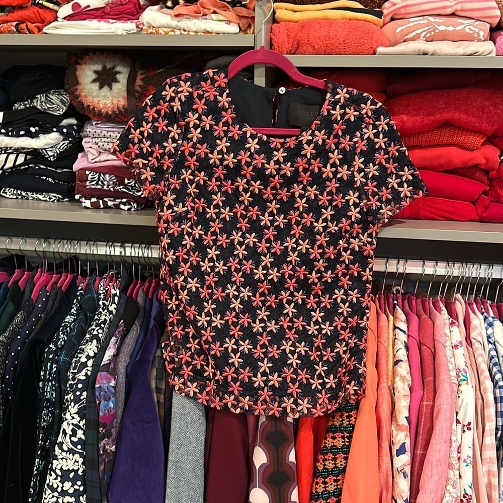 J Crew embroidered navy and coral star blouse size 0